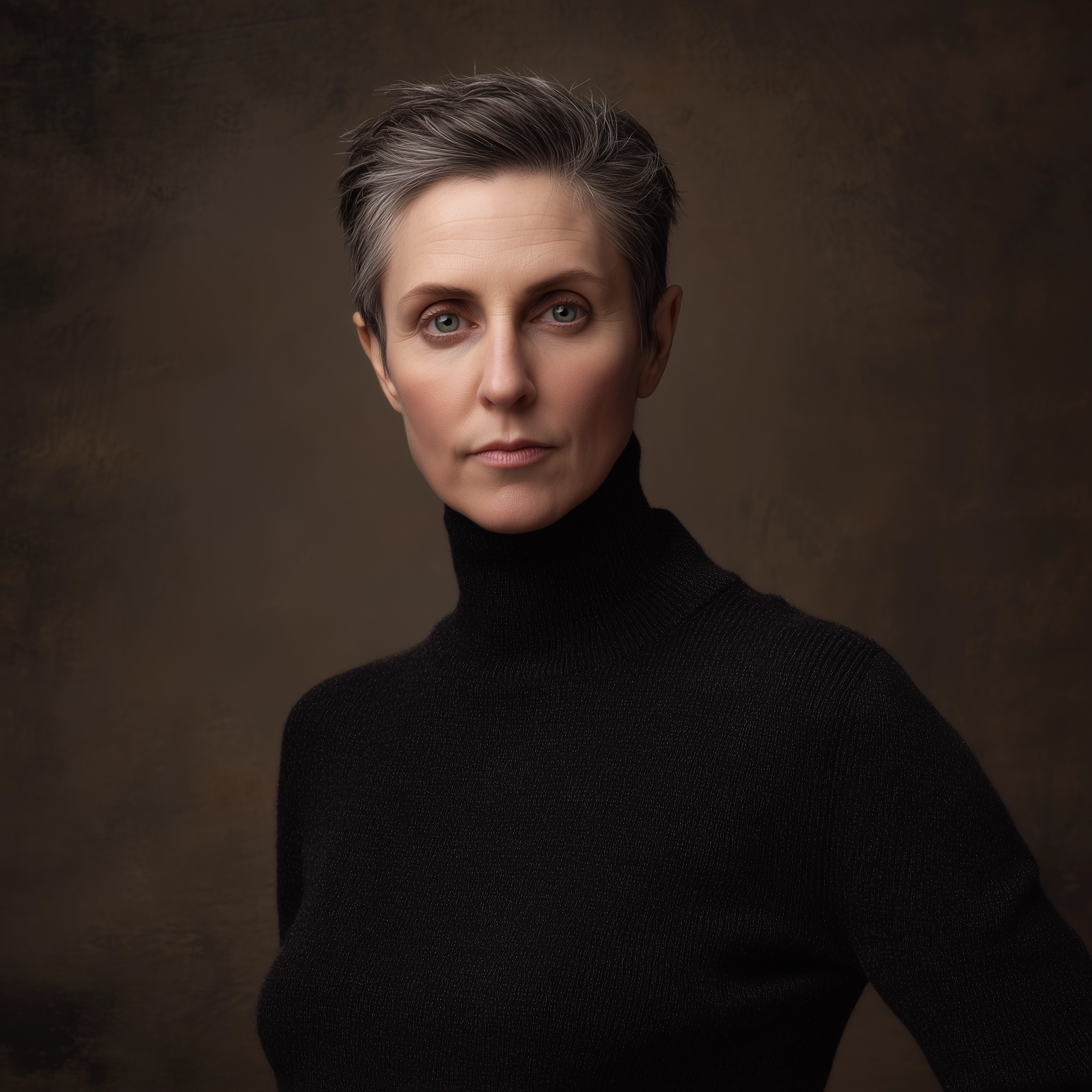 Portrait of The Executive, Bureau Director, in a black high-neck wool sweater against a charcoal backdrop.