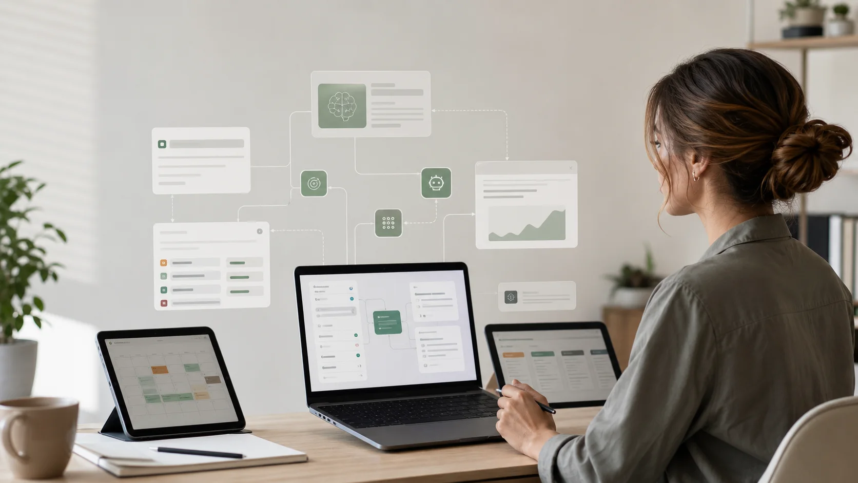 AI power user workflow across laptop, tablet, and automation cards