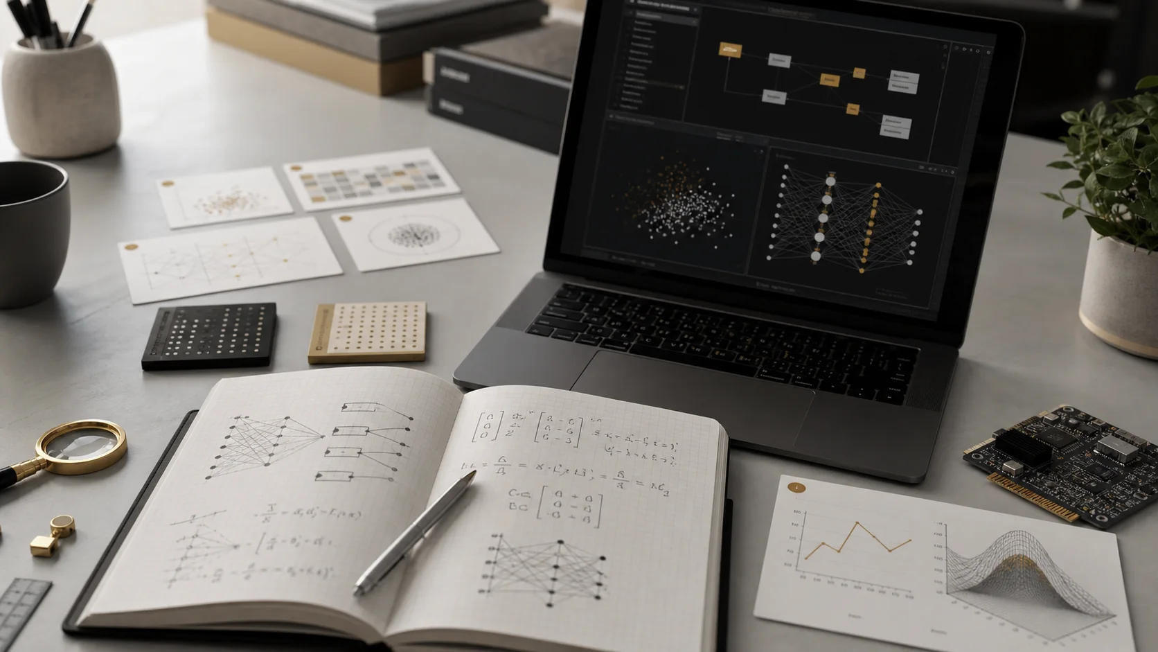Technical AI foundations desk with code, data, and mathematics materials