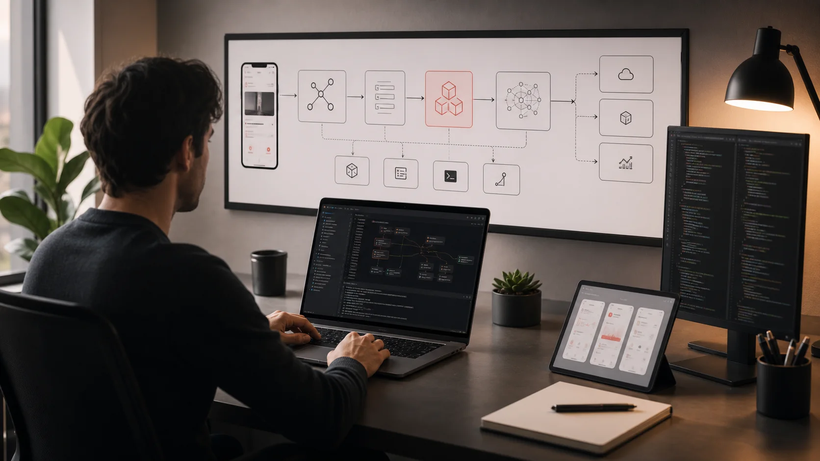 AI builder workstation showing application architecture and deployment screens