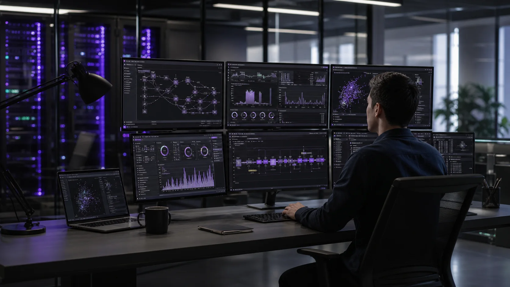 Production AI engineering operations room with monitoring dashboards
