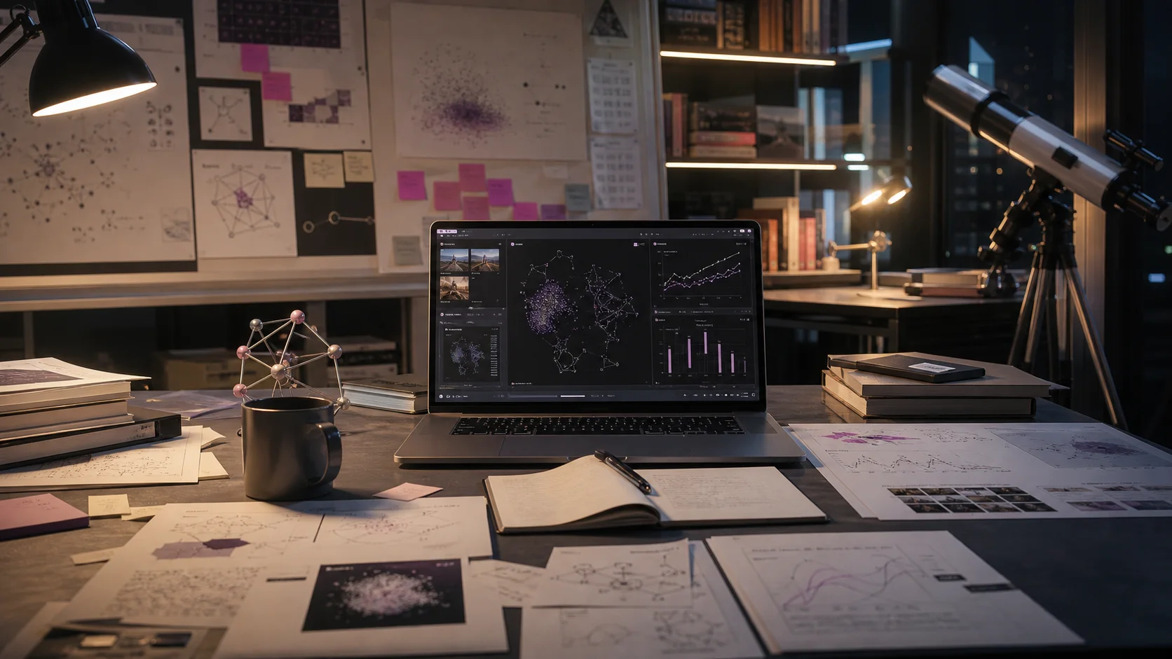 Frontier AI research desk with papers, evaluation screens, and research equipment
